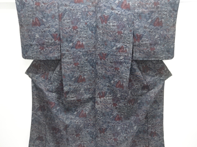 遠山に草花模様織り出し手織り真綿小千谷紬単衣着物